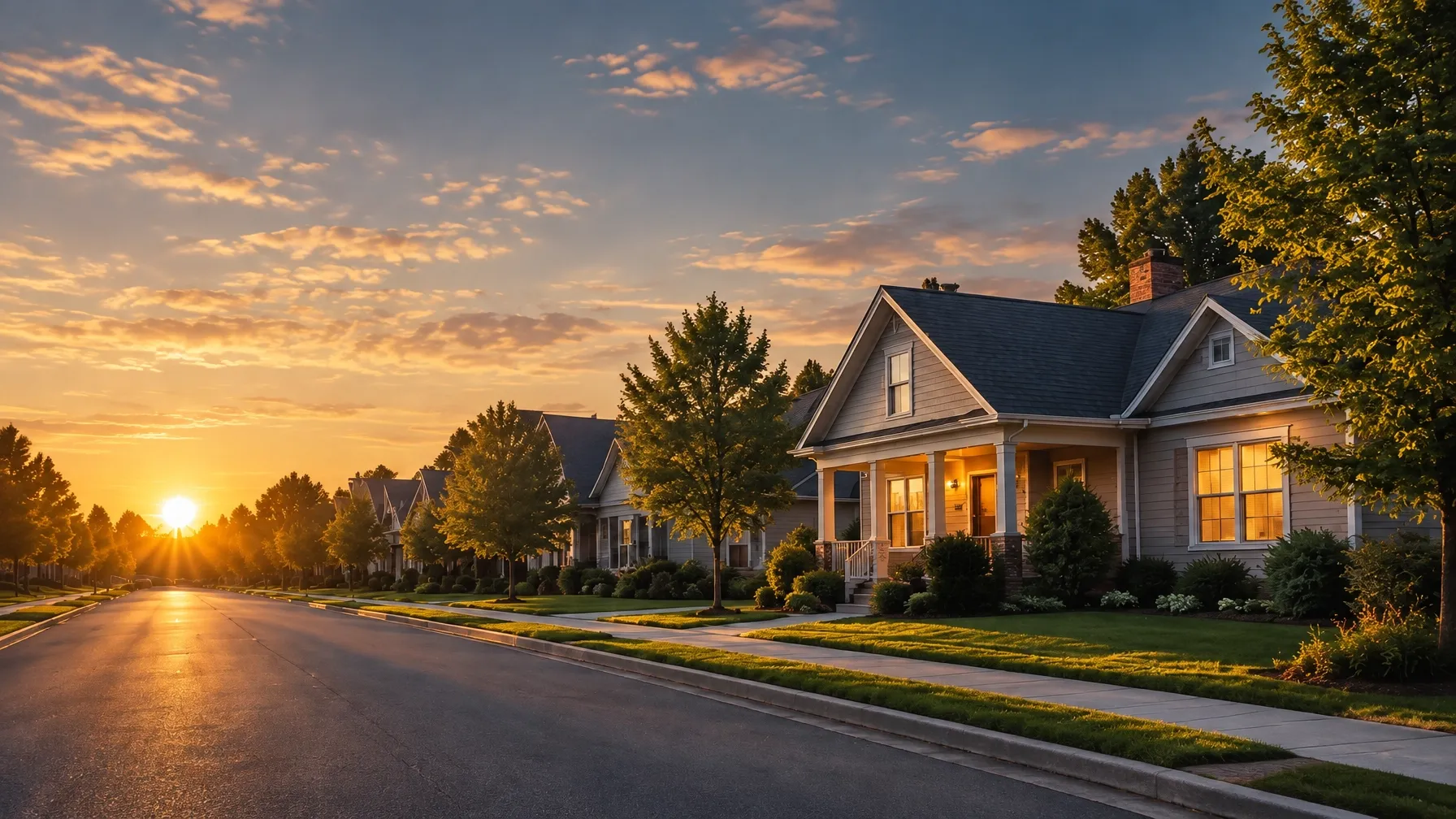 A quiet suburban home and street at golden hour